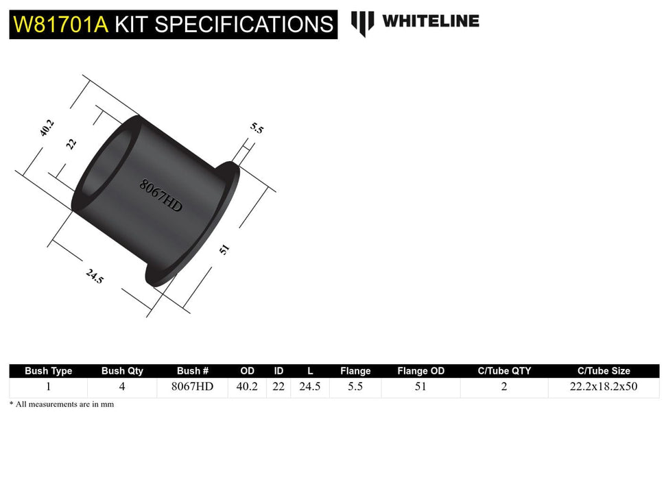 Whiteline 7 x 14 x 20 cm Rear Panhard Rod - Bushing Kit to Suit Toyota Land Cruiser 80 and 105 Series Autofit