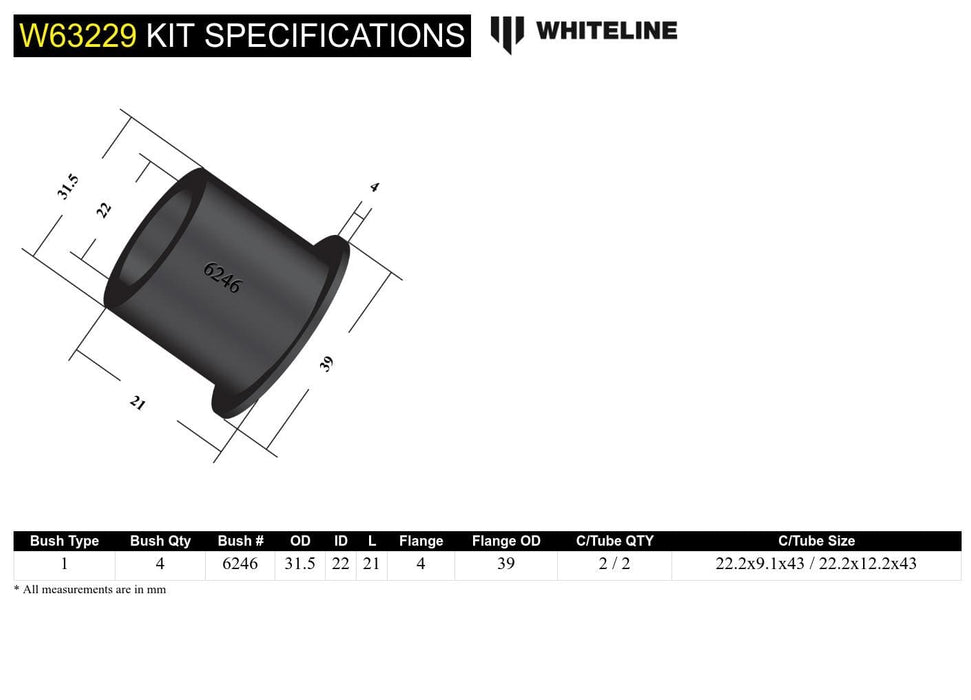 Whiteline 7 x 14 x 20 cm Rear Toe Link - Bushing Kit to Suit Ford Falcon/Fairlane AU Autofit