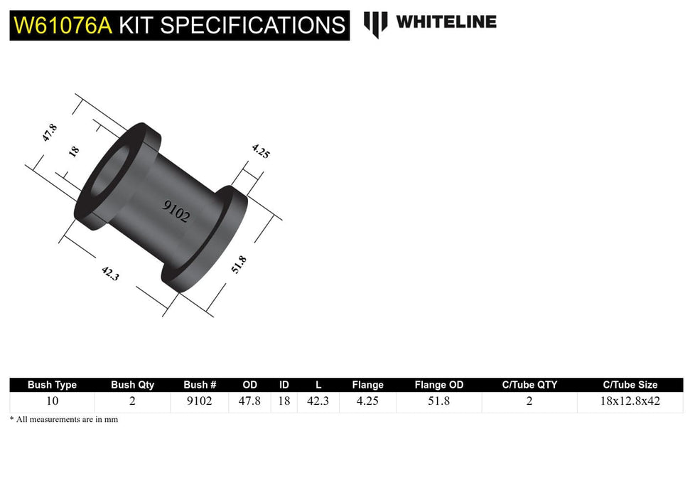 Whiteline 7 x 14 x 20 cm Rear Trailing Arm - Front Bushing Kit to Suit Ford Cortina TC-TF and Falcon/Fairlane XD Autofit