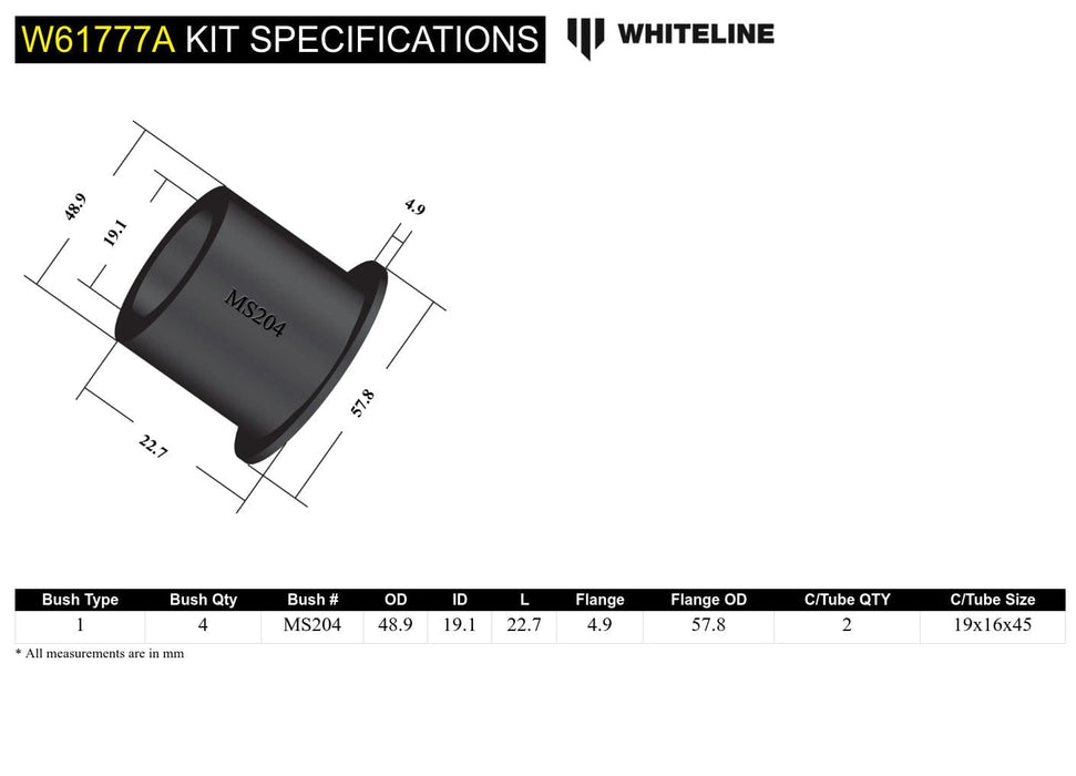 Whiteline 7 x 14 x 20 cm Rear Trailing Arm Upper - Bushing Kit to Suit Mitsubishi Galant, Magna and Sigma Autofit