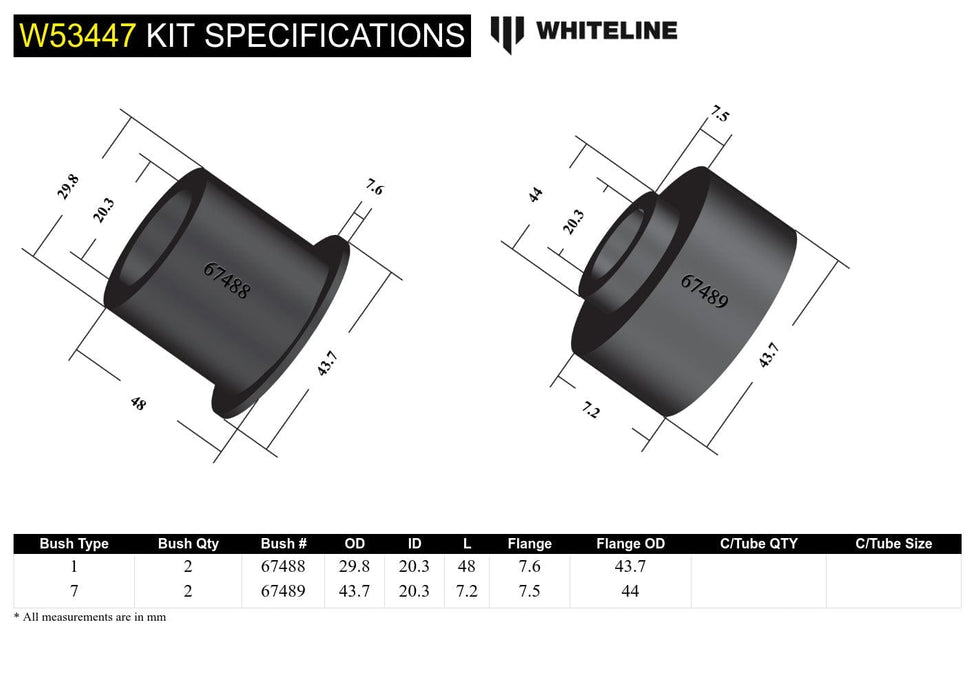 Whiteline 7 x 14 x 20 cm / Reuse original mounting pin Front Control Arm Lower - Inner Front Bushing Kit to Suit Toyota Corolla, Avalon and Holden Apollo Autofit