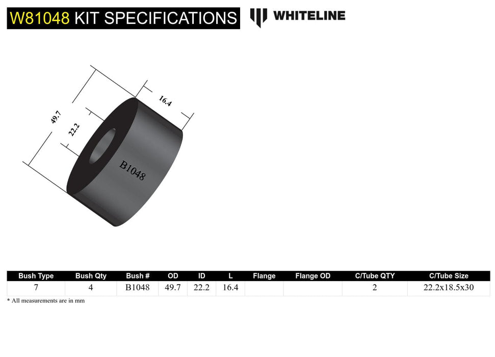 Whiteline 7 x 14 x 20 cm / Round spigot Front Strut Rod - To Chassis Bushing Kit to Suit Ford Cortina TC, TD Autofit