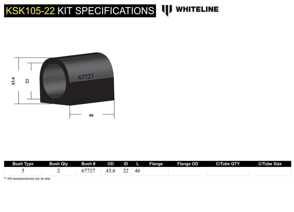 Whiteline 7 x 14 x 20 cm / Service kit - suits Whiteline sway bars Front Sway Bar Mount - Bushing Kit 22mm to Suit Whiteline Sway Bars Autofit