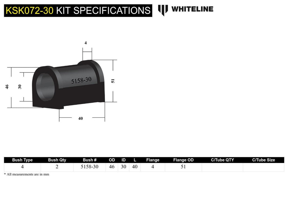 Whiteline 7 x 14 x 20 cm / Service kit - suits Whiteline sway bars Front Sway Bar Mount - Bushing Kit 30mm to Suit Whiteline Sway Bars Autofit
