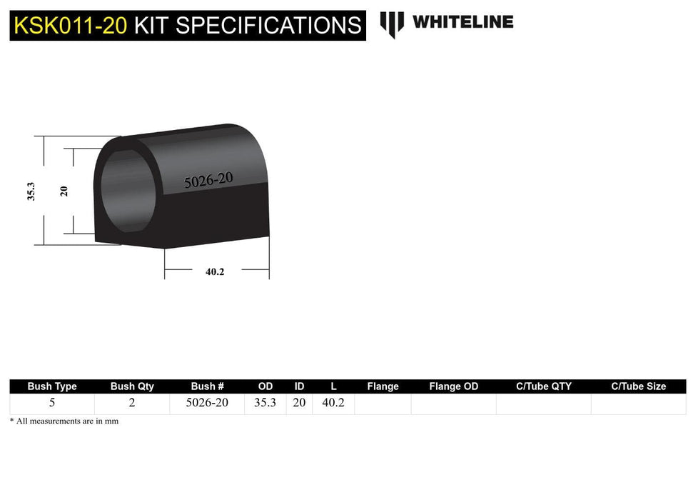Whiteline 7 x 14 x 20 cm / Service kit - suits Whiteline sway bars Rear Sway Bar Mount - Bushing Kit 20mm to Suit Whiteline Sway Bars Autofit