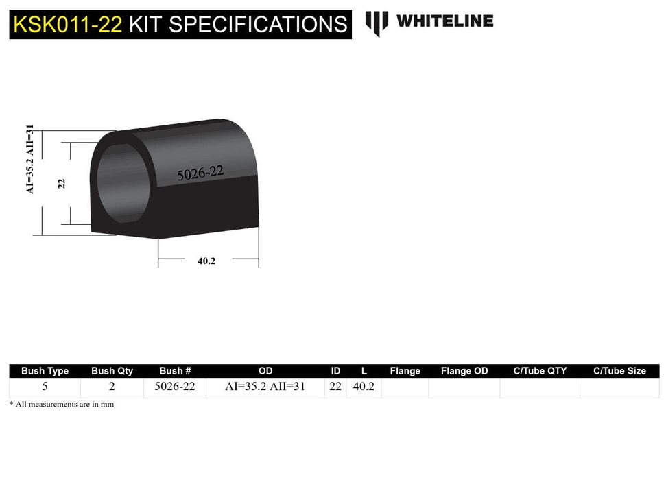 Whiteline 7 x 14 x 20 cm / Service kit - suits Whiteline sway bars Rear Sway Bar Mount - Bushing Kit 22mm to Suit Whiteline Sway Bars Autofit