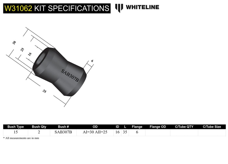 Whiteline 7 x 14 x 20 cm Shock Absorber - Bushing Kit to Suit Various Applications Autofit