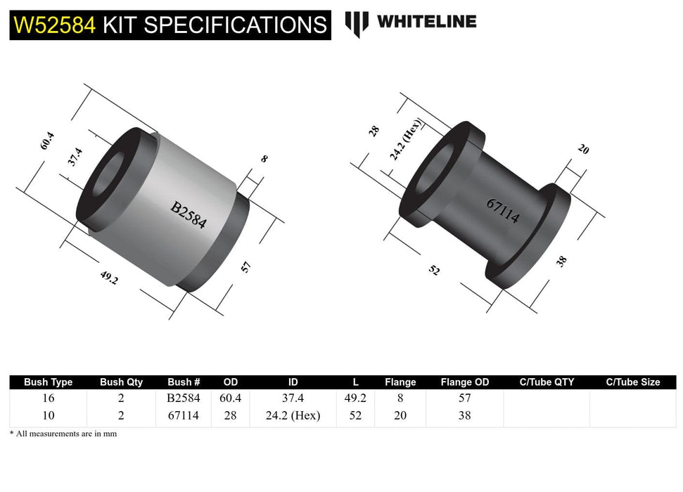 Whiteline 7 x 14 x 20 cm / Standard Alignment Front Control Arm Lower - Inner Rear Bushing Kit to Suit BMW M3 E46 and Z4M E85, E86 Autofit