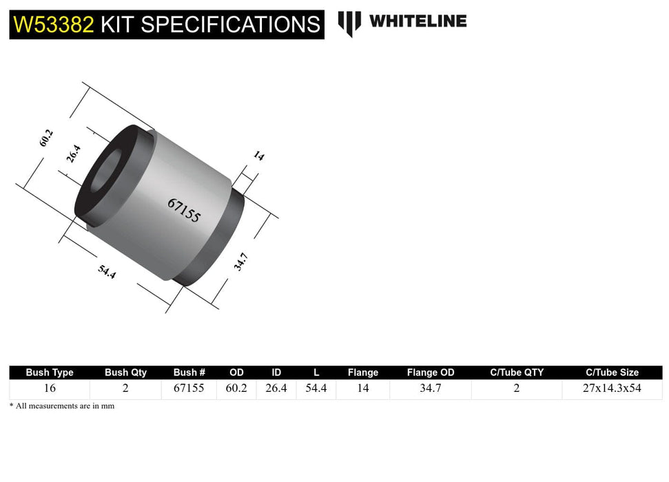 Whiteline 7 x 14 x 20 cm / Standard Alignment Front Control Arm Lower - Inner Rear Bushing Kit to Suit Chrysler, Citroen, Dodge, Jeep, Mitsubishi and Peugeot Autofit