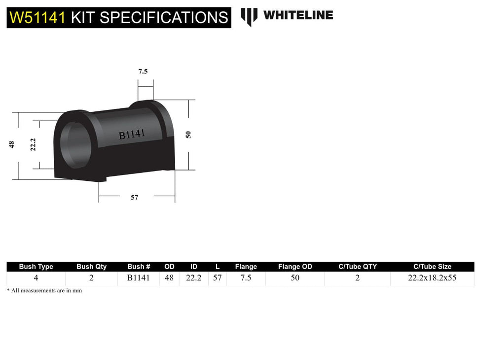 Whiteline 7 x 14 x 20 cm / Standard Alignment Front Control Arm Lower - Inner Rear Bushing Kit to Suit Ford Capri, Laser and Mazda 323 Autofit