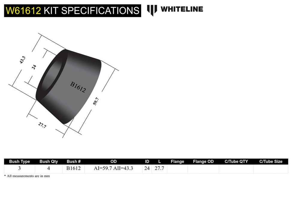 Whiteline 7 x 14 x 20 cm / Suits coil spring models 01/1991 - on Rear Trailing Arm Lower - Front Bushing Kit to Suit Mitsubishi Pajero NA-NL Autofit
