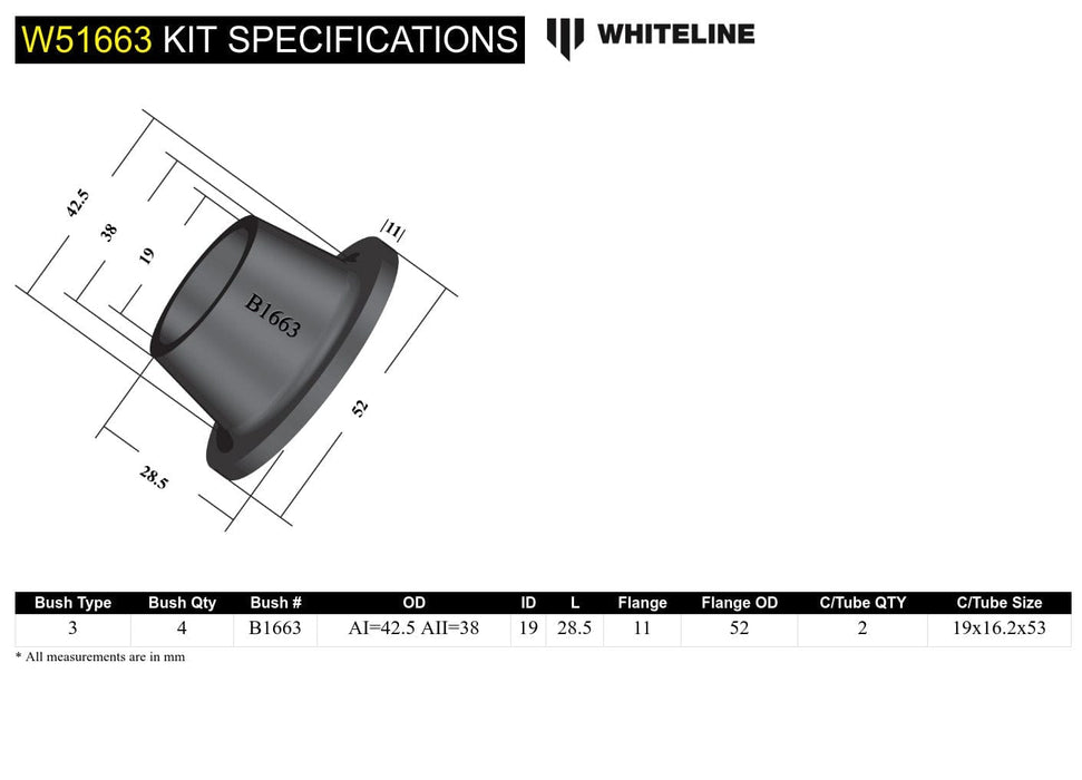 Whiteline 7 x 14 x 20 cm / Suits models 01/1984 - on Front Control Arm Lower - Outer BushingKit to Suit Toyota Camry SV10, SV11 Autofit