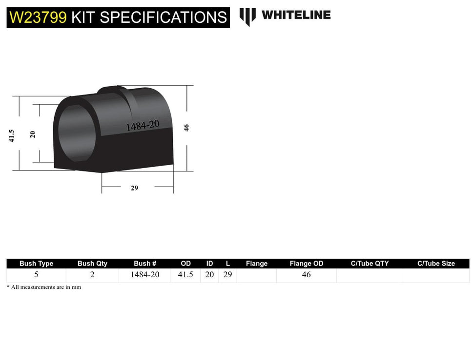 Whiteline 7 x 14 x 20 cm / Suits models 09/2001 - on - with ribbed saddle Front Sway Bar Mount - Bushing Kit 20mm to Suit Nissan Patrol GU and Pathfinder R50 Autofit