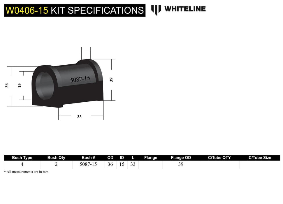 Whiteline 7 x 14 x 20 cm / Suits models MY03 - on Rear Sway Bar Mount - Bushing Kit 15mm to Suit Subaru Impreza GD incl WRX/STi and Liberty BE Autofit