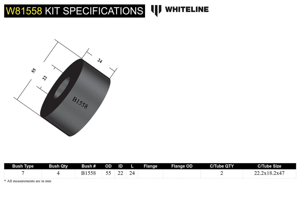 Whiteline 7 x 14 x 20 cm / Suits models to - 05/1994 with 18mm rod Front Strut Rod - To Chassis Bushing Kit to Suit Mazda RX-7 and Mitsubishi L300 Autofit