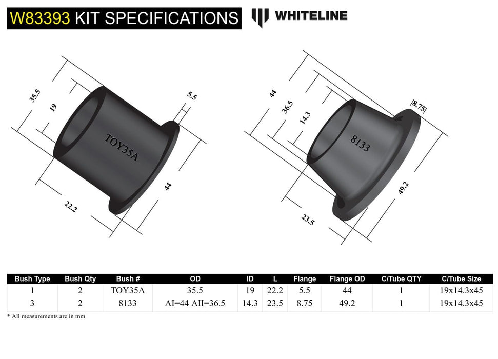 Whiteline 7 x 14 x 20 cm / Suits models to - 08/1987 Panhard Rod - Bushing Kit to Suit Toyota Land Cruiser Bundera and 70 Series Autofit