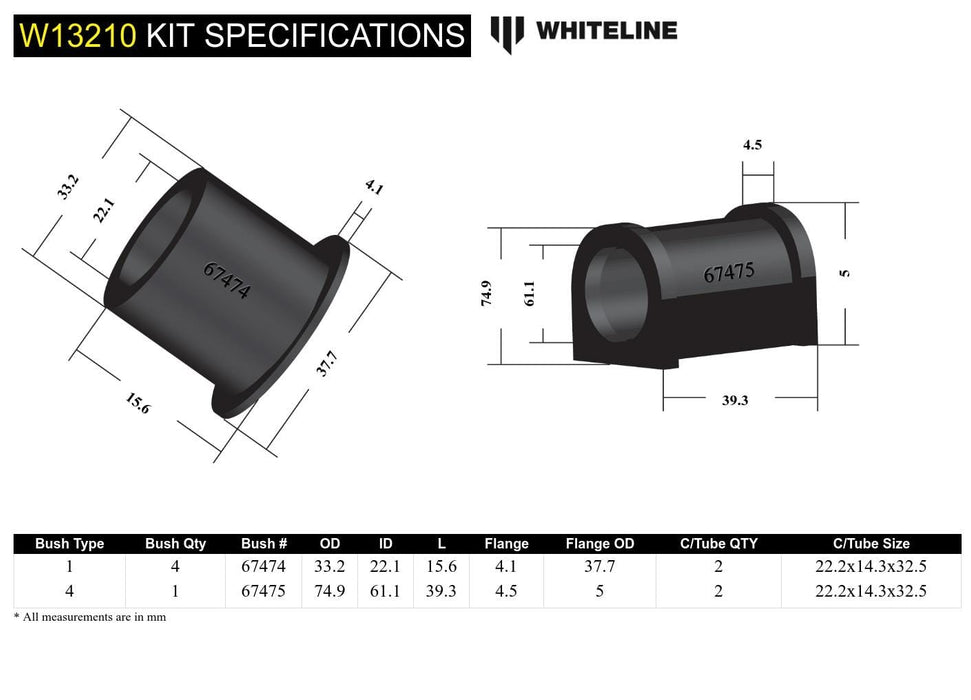 Whiteline 7 x 14 x 20 cm / Suits models to - 09/2002 Front Steering Rack and Pinion - Mount Bushing Kit to Suit Toyota Land Cruiser 100 Series IFS Autofit