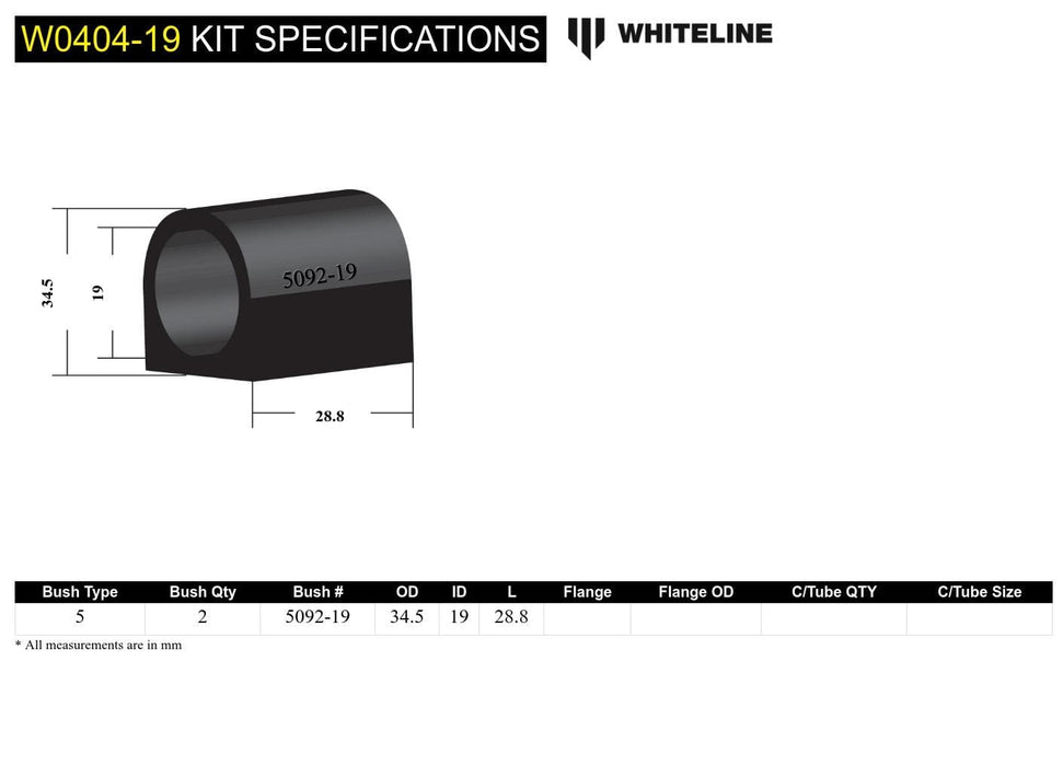 Whiteline 7 x 14 x 20 cm / Suits models to - MY02 Sway Bar Mount - Bushing Kit 19mm to Suit Subaru Forester, Impreza, Liberty and Outback Autofit