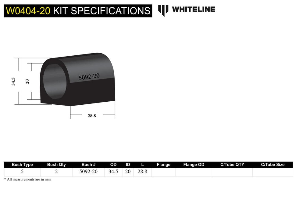 Whiteline 7 x 14 x 20 cm / Suits models to - MY02 Swy Bar Mount - Bushing Kit 20mm to Suit Subaru Forester, Impreza, Liberty and Outback Autofit