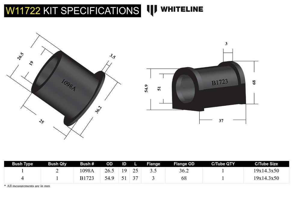 Whiteline 7 x 14 x 20 cm / Suits power steering models with "D" shaped bushing passengers side Front Steering Rack and Pinion - Mount Bushing Kit to Suit Toyota Camry, Avalon and Holden Apollo Autofit