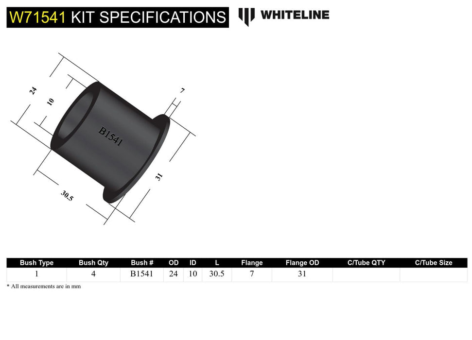 Whiteline 7 x 14 x 20 cm / Suits sedan and coupe models Rear Leaf Spring - Rear Eye Bushing Kit to Suit Mazda 808 FA3 and RX-3 Autofit