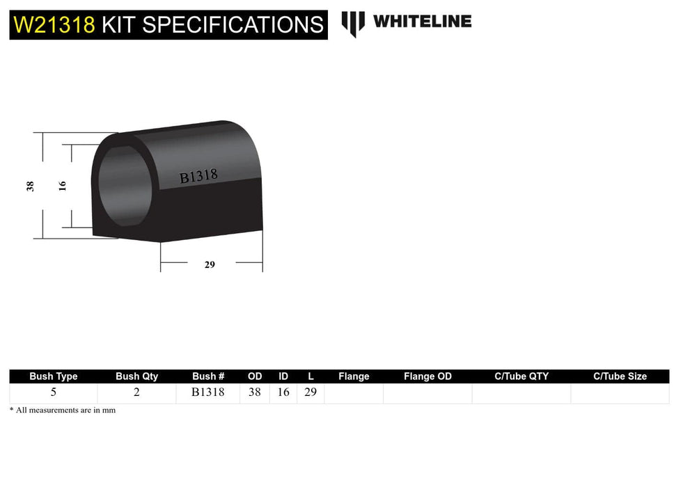 Whiteline 7 x 14 x 20 cm Sway Bar Mount - Bushing Kit 16mm to Suit Holden Commodore VB-VS, FX-HJ and HSV Autofit