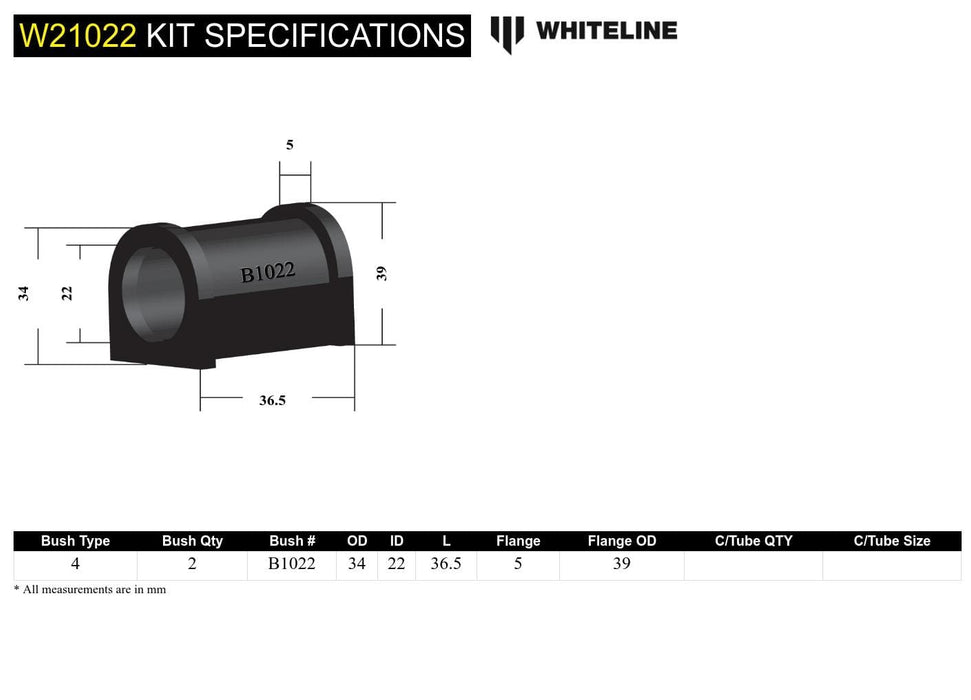 Whiteline 7 x 14 x 20 cm Sway Bar Mount - Bushing Kit 22mm to Suit Ford Falcon/Fairlane XD-EF Autofit