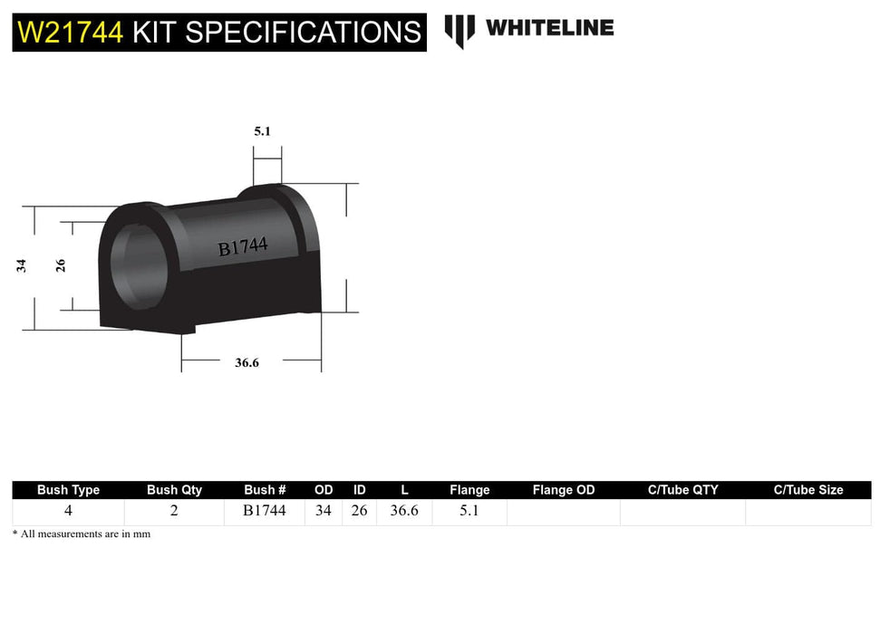Whiteline 7 x 14 x 20 cm Sway Bar Mount - Bushing Kit 26mm to Suit Ford Falcon/Fairlane EL-BF and FPV Autofit