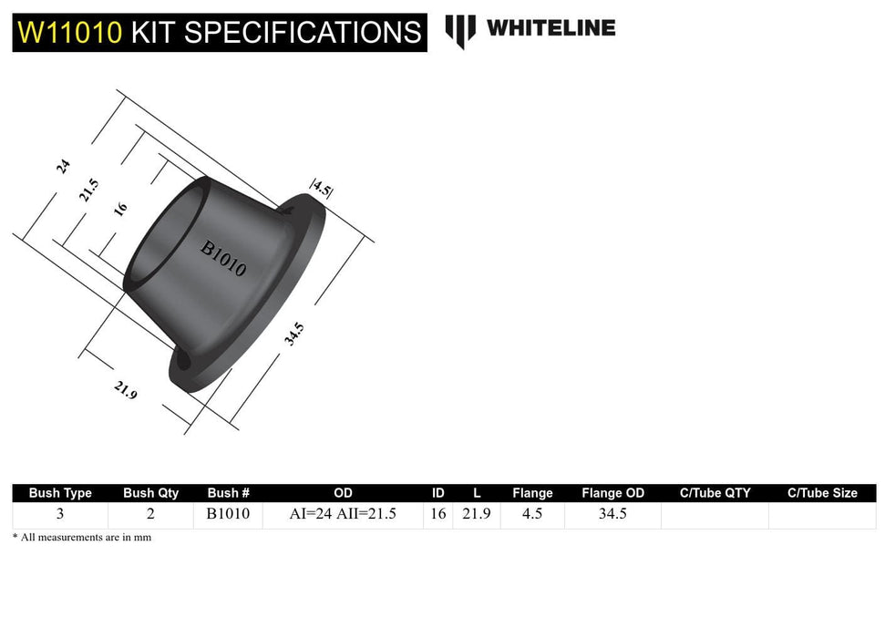 Whiteline Suits models with chassis No. LA4MS737269 - on Front Steering Idler Arm - Bushing Kit to Suit Chrysler, Mazda, Mitsubishi and Nissan Autofit