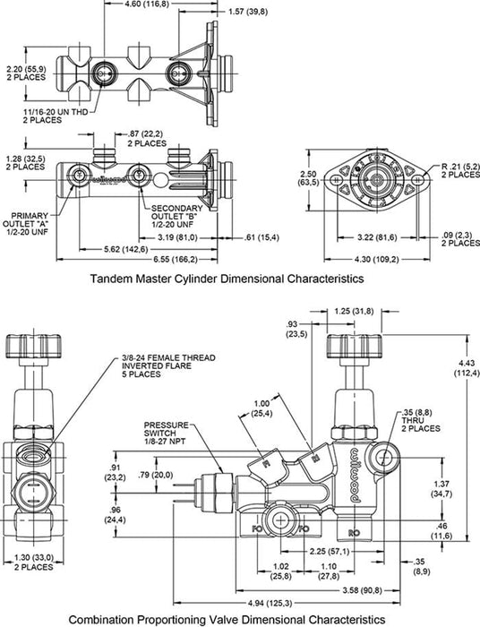 Wilwood Disc Brakes Wilwood Remote Tandem Master Cylinder Kits with GM-Style Angled Reservoirs 261-16963-BK Autofit