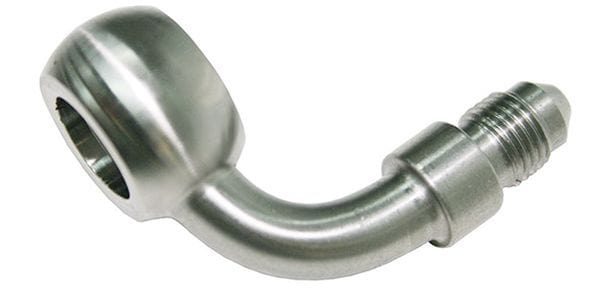 Aeroflow Performance 11.2mm (7/16") Banjo to -3AN Male Stainless Steel 90° Banjo to AN Fitting AF319-03 Autofit