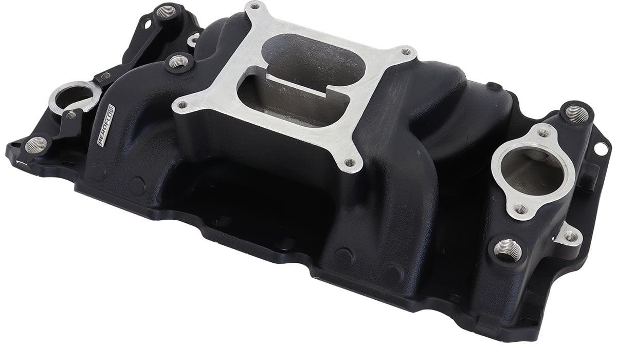 Aeroflow Performance 1500 - 6500 RPM, Square Bore Carburettor Pad, Non-EGR SB Chev Air Gap Dual Plane Intake Manifold, Black Finish AF6210-1001 Autofit