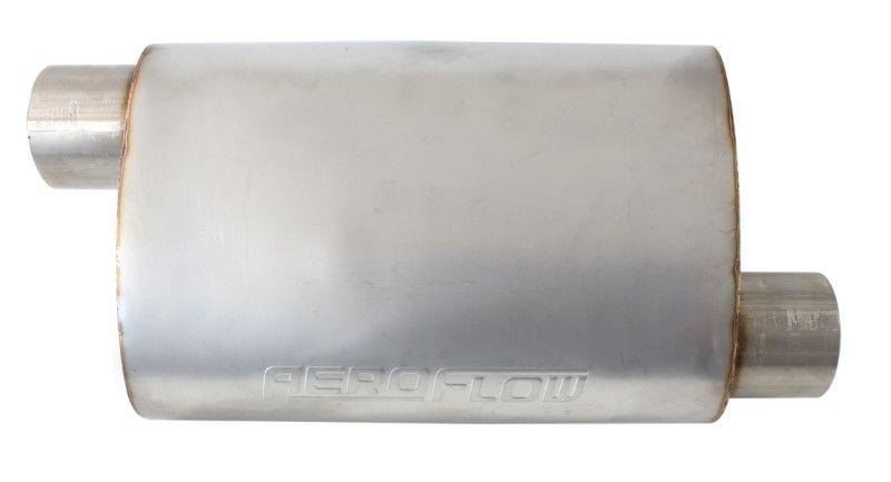 Aeroflow Performance 2-1/2" Inlet and Outlets, 13.75" Length, 9.45" Width, 5.3" Height. 5500 Series Stainless Steel 2-1/2" Offset/Offset Muffler AF5500-250 Autofit