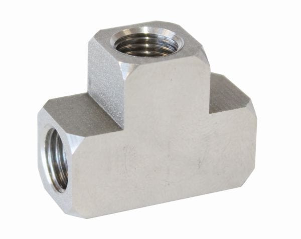 Aeroflow Performance 2 x 3/8"-24 inverted seat, 1 x 1/8"-27 on the side Stainless Steel Inverted Female T-Block AF386 Autofit