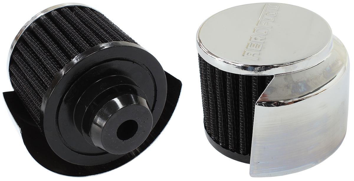 Aeroflow Performance 3" (76.2mm) O.D. x 2-1/2" (63.5mm) High, 1-1/2" (25mm) Flange Inside Chrome Push In Breather With Chrome Shield AF2871-1516 Autofit