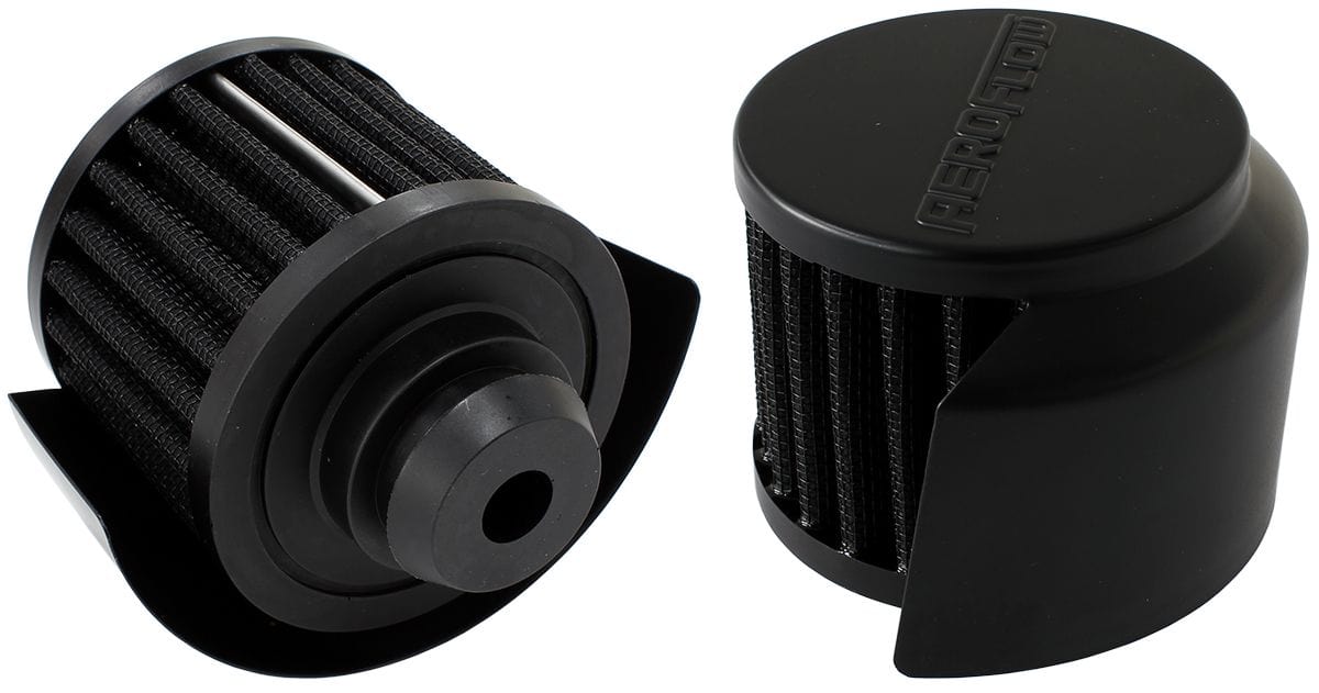 Aeroflow Performance 3" (76.2mm) O.D. x 2-1/2" (63.5mm) High, 1-1/4" (31.7mm)Flange Inside Black Push In Breather With Black Shield AF2271-1516 Autofit