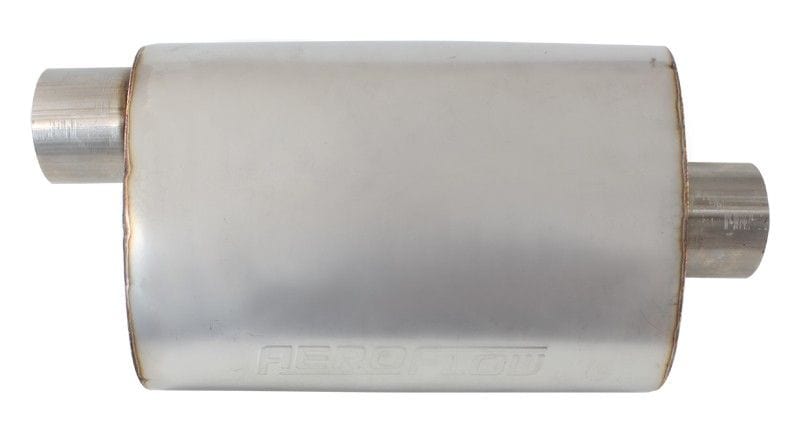Aeroflow Performance 3" Inlet and Outlets, 13.75" Length, 9.45" Width, 5.3" Height. 5500 Series Stainless Steel 3" Offset/Center Muffler AF5501-300 Autofit