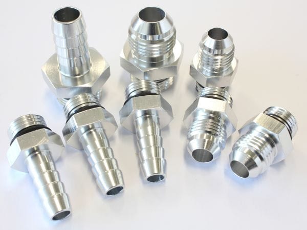 Aeroflow Performance -6 ORB to -6AN x 3, -8 ORB to -8AN, -6 ORB to 3/8" barb x 3, -8 ORB t Replacement Surge Tank Fittings in Silver Finish AF59-1016S Autofit