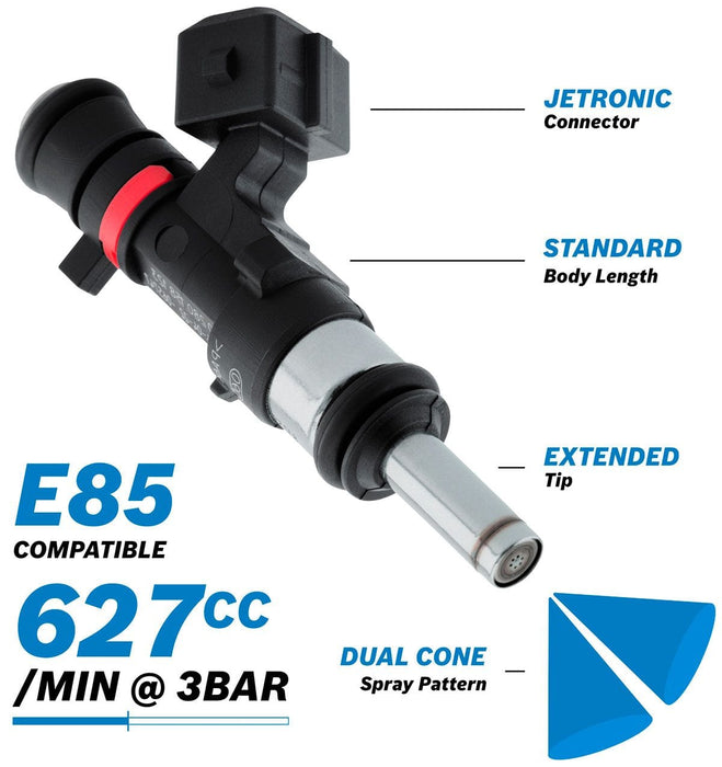 Aeroflow Performance 627 cc/min (57 lb/hr) @ 3 bar (43.5 psi) Bosch Motorsport 627cc EV14 Medium JETRONIC Fuel Injector with Extended Tip AF49 Autofit