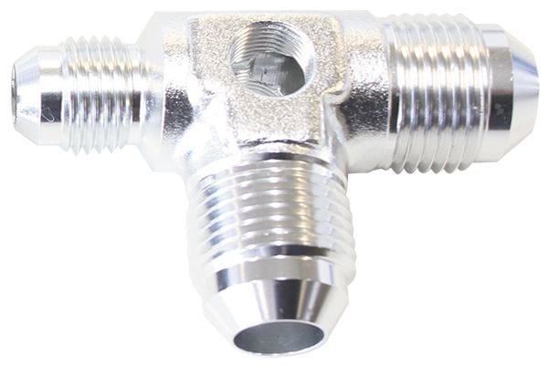 Aeroflow Performance -8AN x 2, -6AN x 1, Silver Finish Flare AN Stepped Tee with 1/8" NPT Ports AF824-06-08S Autofit