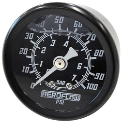 Aeroflow Performance Black Face, White Pointer, 1/8" NPT Male Thread 1-1/2" Liquid Filled 100 psi Pressure Gauge AF30-2201 Autofit