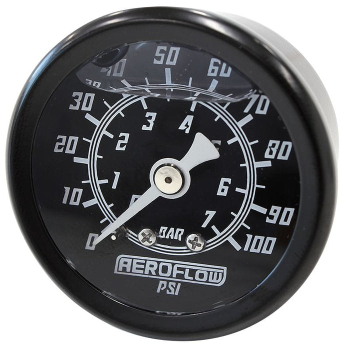 Aeroflow Performance Black Face, White Pointer, 1/8" NPT Male Thread 1-1/2" Liquid Filled 100 psi Pressure Gauge AF30-2201 Autofit