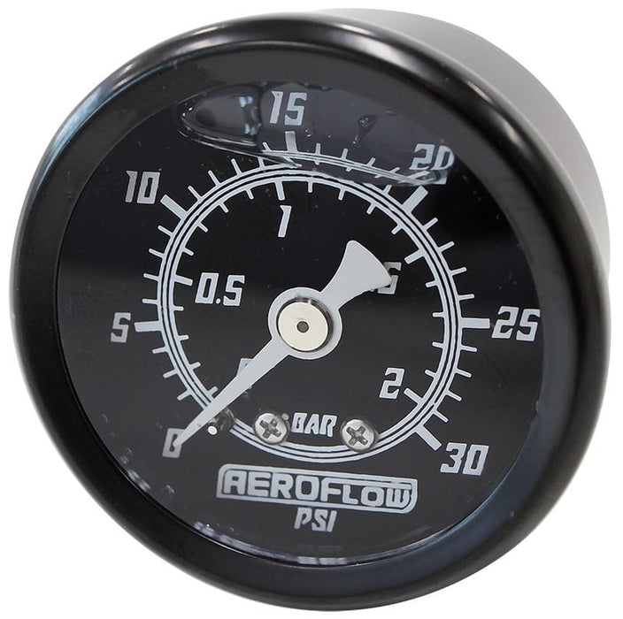 Aeroflow Performance Black Face, White Pointer, 1/8" NPT Male Thread 1-1/2" Liquid Filled 30 psi Pressure Gauge AF30-2208 Autofit