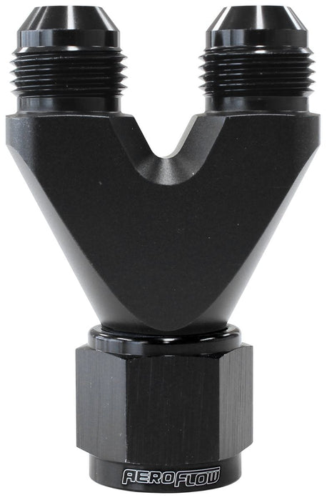 Aeroflow Performance Black Finish. 1 x -10AN Female, 2 x -8AN Male Billet U-Block with Female Flare AF146-10-08BLK Autofit