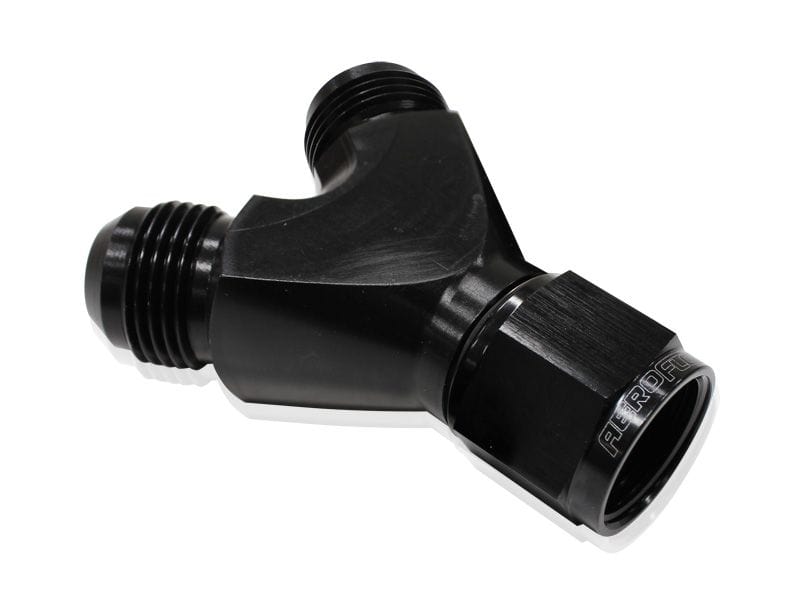 Aeroflow Performance Black Finish. 1 x -10AN Female, 2 x -8AN Male Billet Y-Block with Female Flare AF931-10-08BLK Autofit