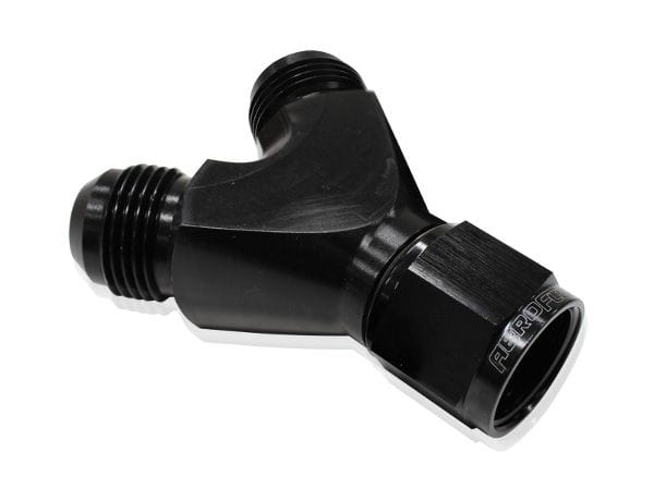 Aeroflow Performance Black Finish. 1 x -12AN Female, 2 x -10AN Male Billet Y-Block with Female Flare AF931-12-10BLK Autofit