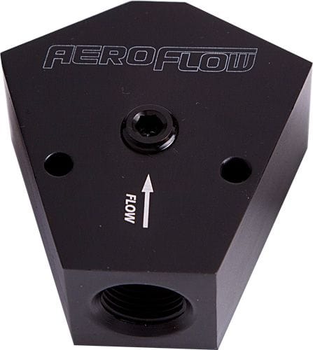 Aeroflow Performance Black Finish. 3/8" NPT Inlet, 3/8" NPT Outlets Billet Y-Block with 1/8" NPT Port AF451-08BLK Autofit
