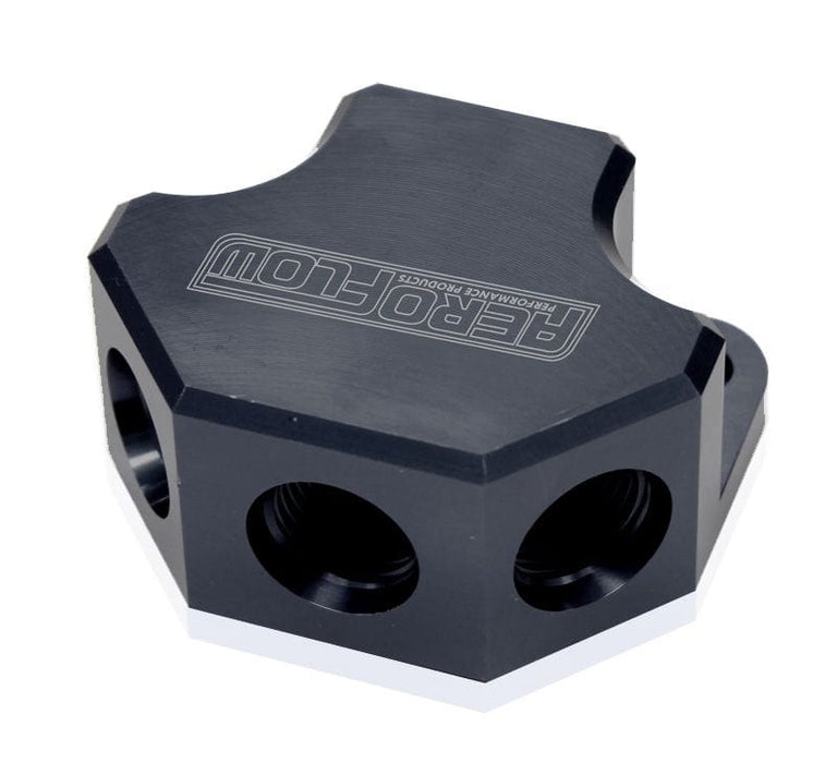 Aeroflow Performance Black Finish. 3 x -8 ORB Ports, 1 x -10 ORB Port Billet 4 Port ORB Y-Block AF454-10-08BLK Autofit