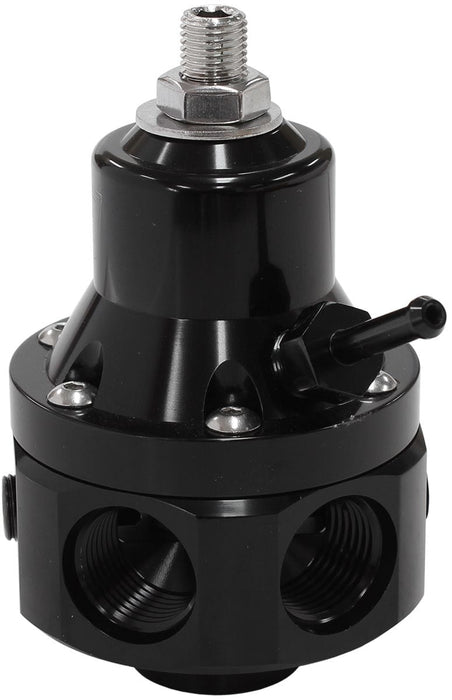 Aeroflow Performance Black Finish. 4 x -8ORB Ports, 1 x -8ORB Return and 2 x 1/8" NPT Ports 4-Port 2000hp Billet Fuel Pressure Regulator 35-85psi Adjustable AF66-2060BLK Autofit