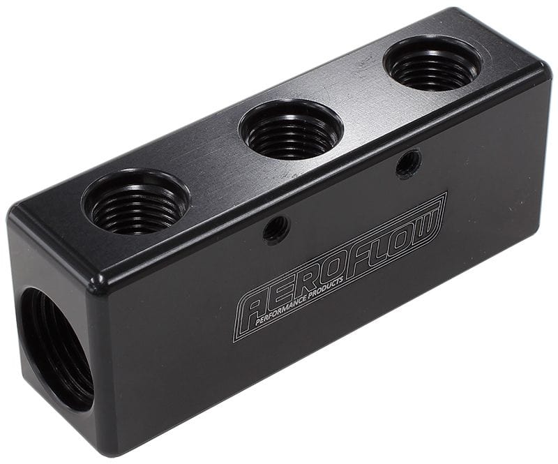 Aeroflow Performance Black Finish Billet 5 Port Fuel Log 3 x -6AN, 2 x -8AN AF456-08-06BLK Autofit